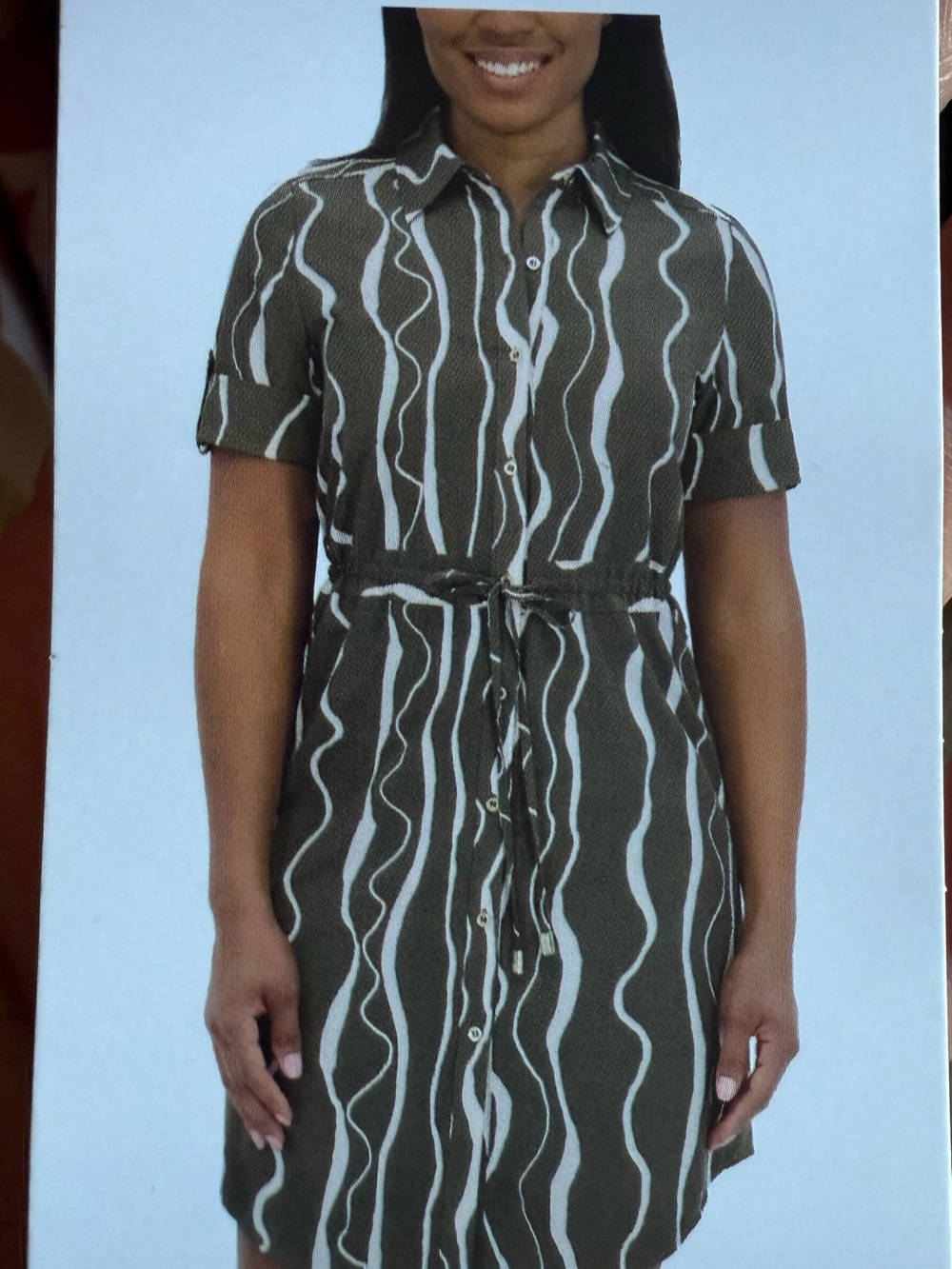 Halston Olive & White Wavy Stripe Shirt Dress Size Medium NWT